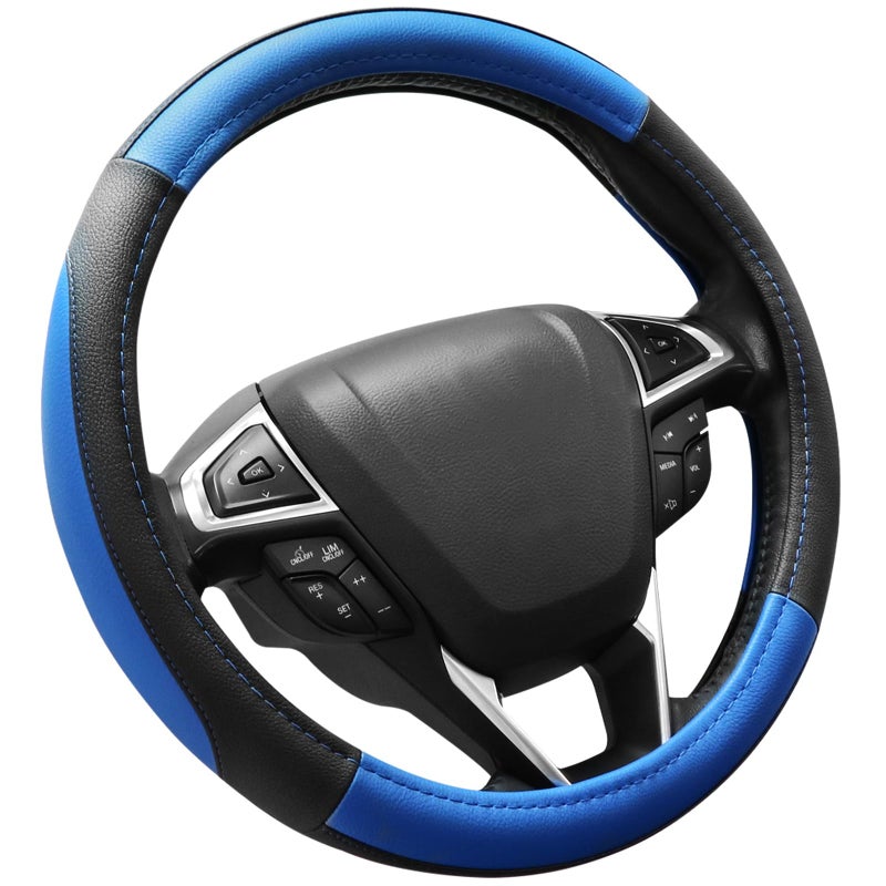 SEG Direct Car Steering Wheel Cover for F-150 Tundra Range Rover 15.5-16 inch, Black and Blue Microfiber Leather - Image 1